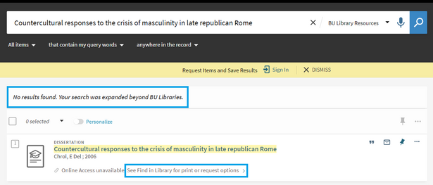 BU Library search results page showing expanded results beyond BU Libraries