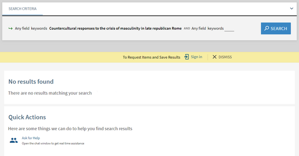 Zero results page in BU Libraries search with no records.