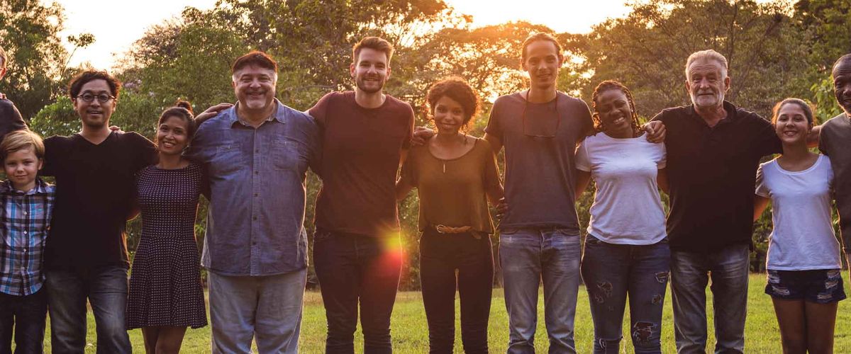 People standing arm in arm in a field