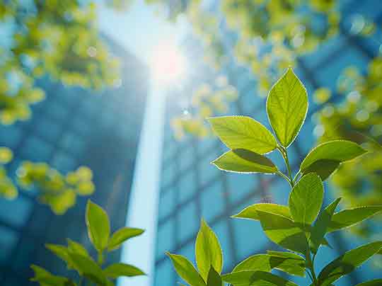 A plant beneath a glass building.