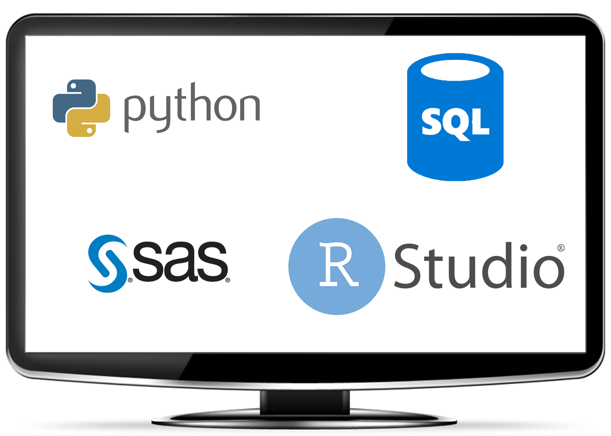 Logos of computing software companies like Python, R studio, SQL, SAS