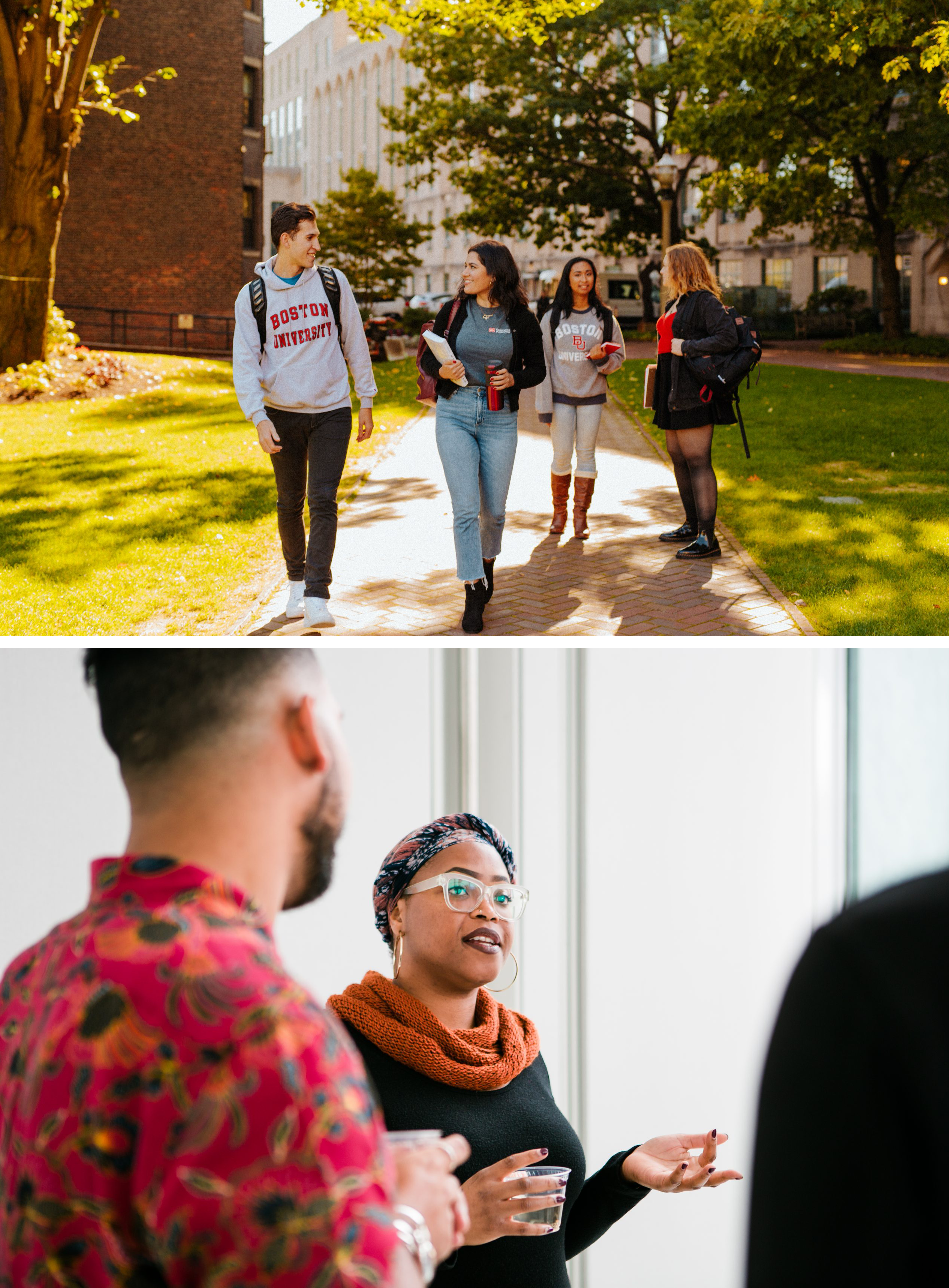 Top: Students outside, walking and talking. Bottom: Crystal Williams.