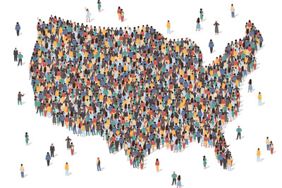 Illustration of the USA map made up of many people in a large crowd shape. People are made up of various colors and a few stragglers are seen outside the shape here and there