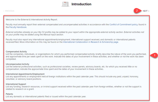 Introduction Page has the NEXT button to the top right