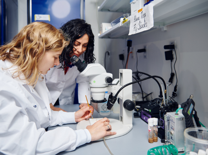 Two people stand at a microscope. They both have long hair and are wearing white coats