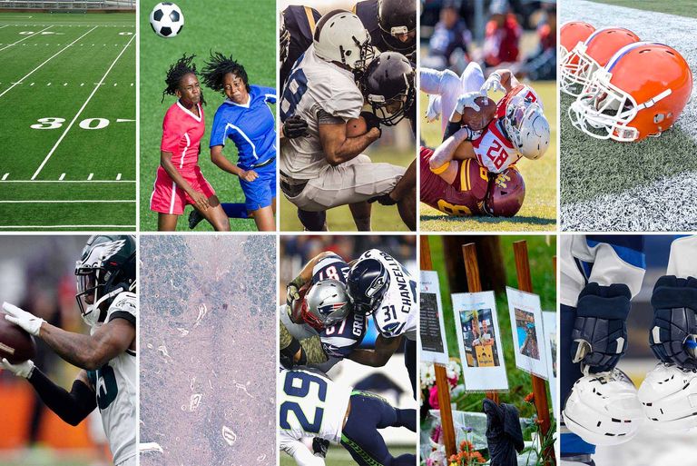 Multiple images of sports relating to CTE