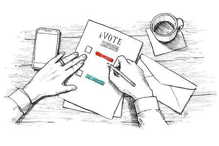 hands filling out ballot labeled "iVote"