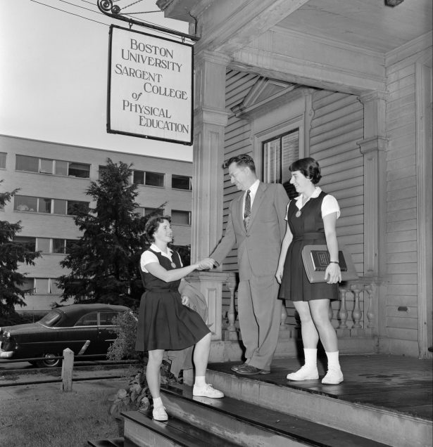 George Makechnie, pictured above with two students in 1954, served as Sargent’s dean from 1945–1972. His history of the college, Optimal Health: The Quest, details Sargent’s growth and expansion.