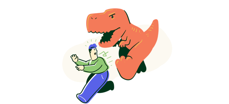 Illustration of a dinosaur chasing a man