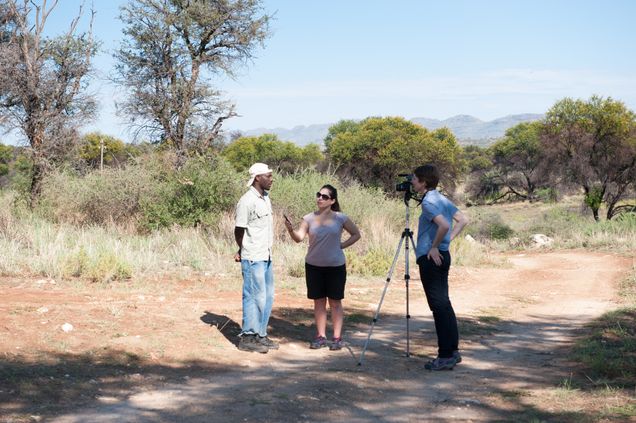 Laura Hanson, right, shoots video while SPH student Megan Hawkes helps with sound during interview of a farm worker in Namibia.