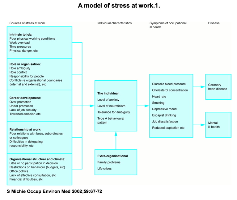 Figure 3. A model of stress at work S Michie. Causes and management of stress at work. Occupational & Environmental Medicine. 2002; 59: 67—72 doi: 10.1136/oem.59.1.67