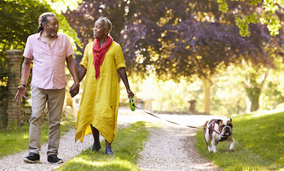 Senior African American couple down country road with their bulldog