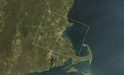 Satellite image of eastern Massachusetts with lines indicating the 75-square-mile area around Boston