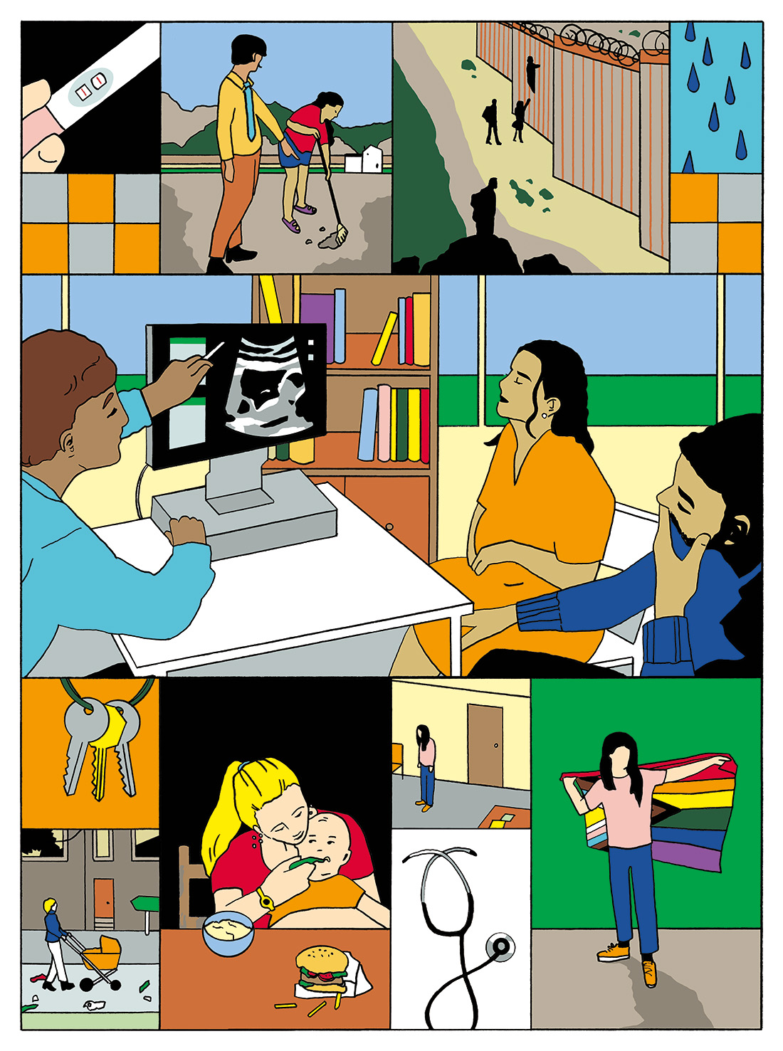 Cartoon depicting various scenes related to health inequities