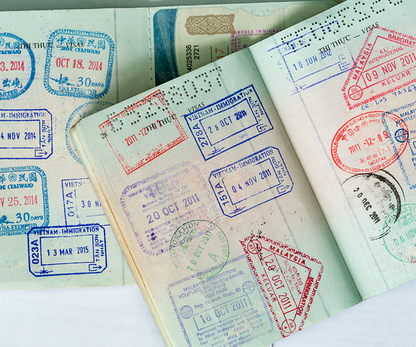 Passports with travel stamps from around the world