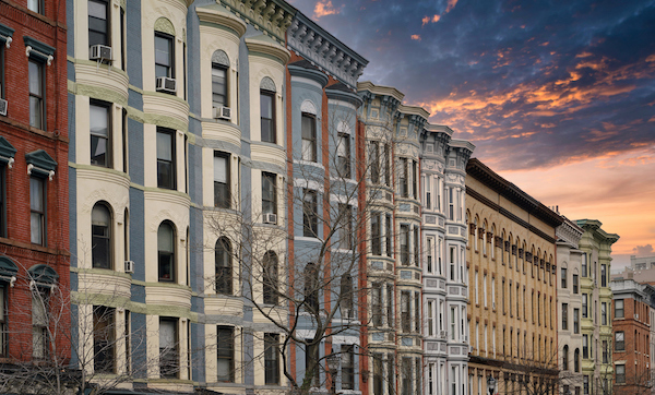 Street of well preserved old apartment buildings