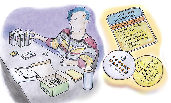 Cartoon depicting a narcan distribution event with woman sitting at a desk with supplies, close up of Narcan-related pins saying "I Carry Narcan"