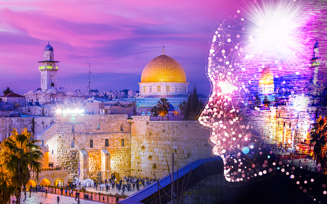 Collage of Skyline of the Old City at the Western Wall and Temple Mount in Jerusalem, Israel and human face created of light to represent digital consumption of news