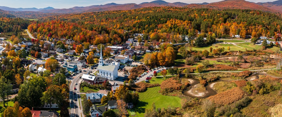 Aerial view of the town of Stowe in the fall