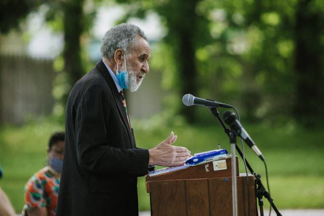 The Rev. Gilbert Caldwell, a civil rights activist and retired United Methodist pastor, speaks during a Black Lives Matter rally June 7 in Willingboro, N.J. He died Sept. 4, 2020. File photo by Aaron Wilson Watson.