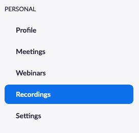 Zoom web interface personal section, recordings highlighted