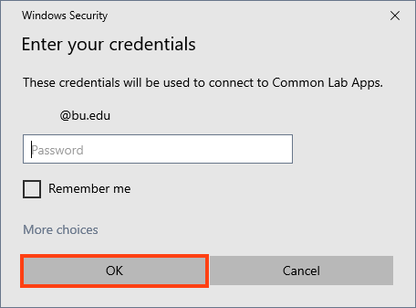 Authentication prompt for Common Lab Apps with OK button highlighted