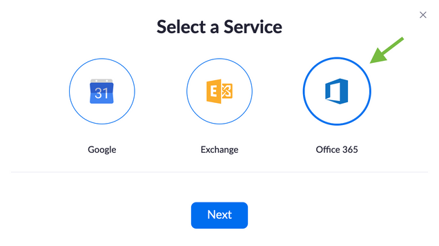 Screenshot of service selection with Office 365 highlighted