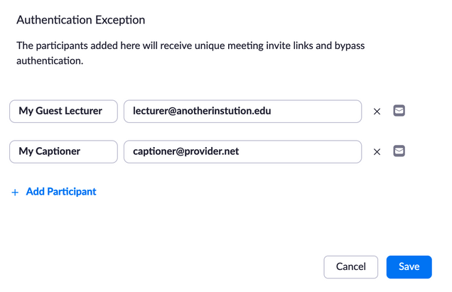 Screenshot of the Zoom authentication exception prompt with sample exceptions added