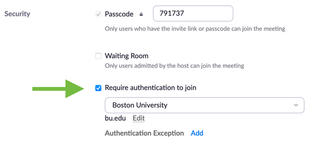 Screenshot of Zoom meeting settings with authentication highlighted