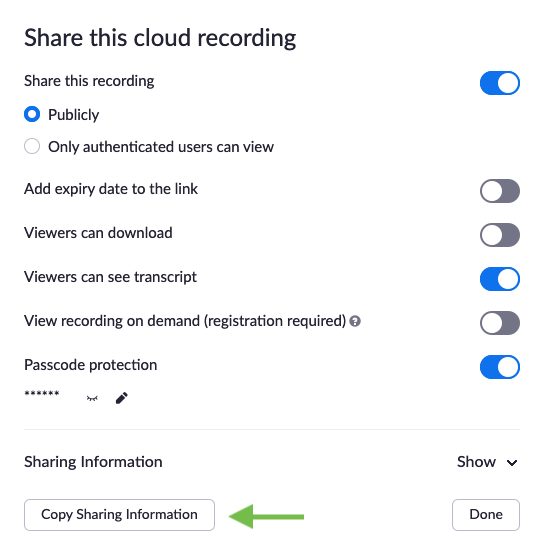 Screenshot of cloud recording sharing prompt with copy sharing information button highlighted
