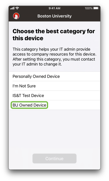 Screenshot of Company Portal prompting for device category with BU Owned Device highlighted