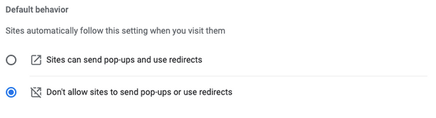 Google Chrome don't allow pop-ups option