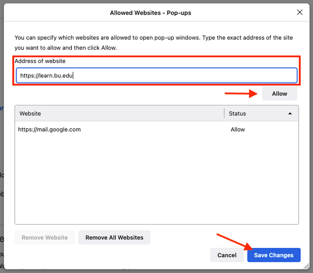 Allowed websites for popup blocker exceptions in Firefox