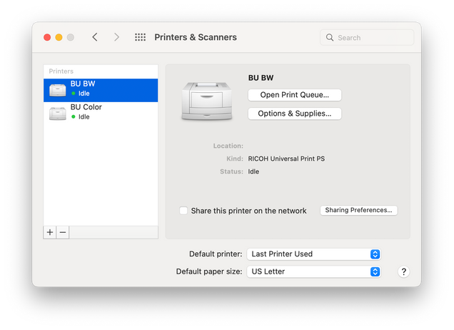 Screenshot of macOS System Preferences Printers & Scanners pane showing two printers installed: BU BW and BU Color