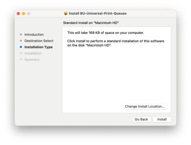 Screenshot of the macOS installer window showing a summary that the standard installation will take place on Macintosh HD. The instructions say to click the "Install" button to proceed.
