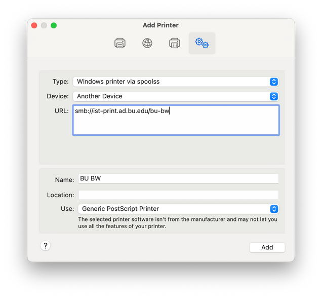 Screenshot of the advanced Add Printer dialog in macOS showing type is set to Windows Printer via spoolss, the URL set to smb://ist-print.ad.bu.edu/bu-bw, name set to BU BW, and Use set to Generic PostScript Printer.
