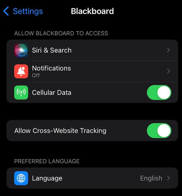 Blackboard mobile settings for iOS