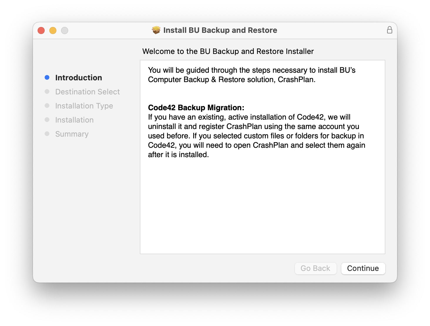 Screenshot of macOS installer for BU Backup service.