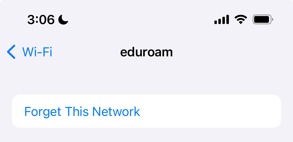 Screenshot of eduroam network details on iOS with Forget This Network button shown