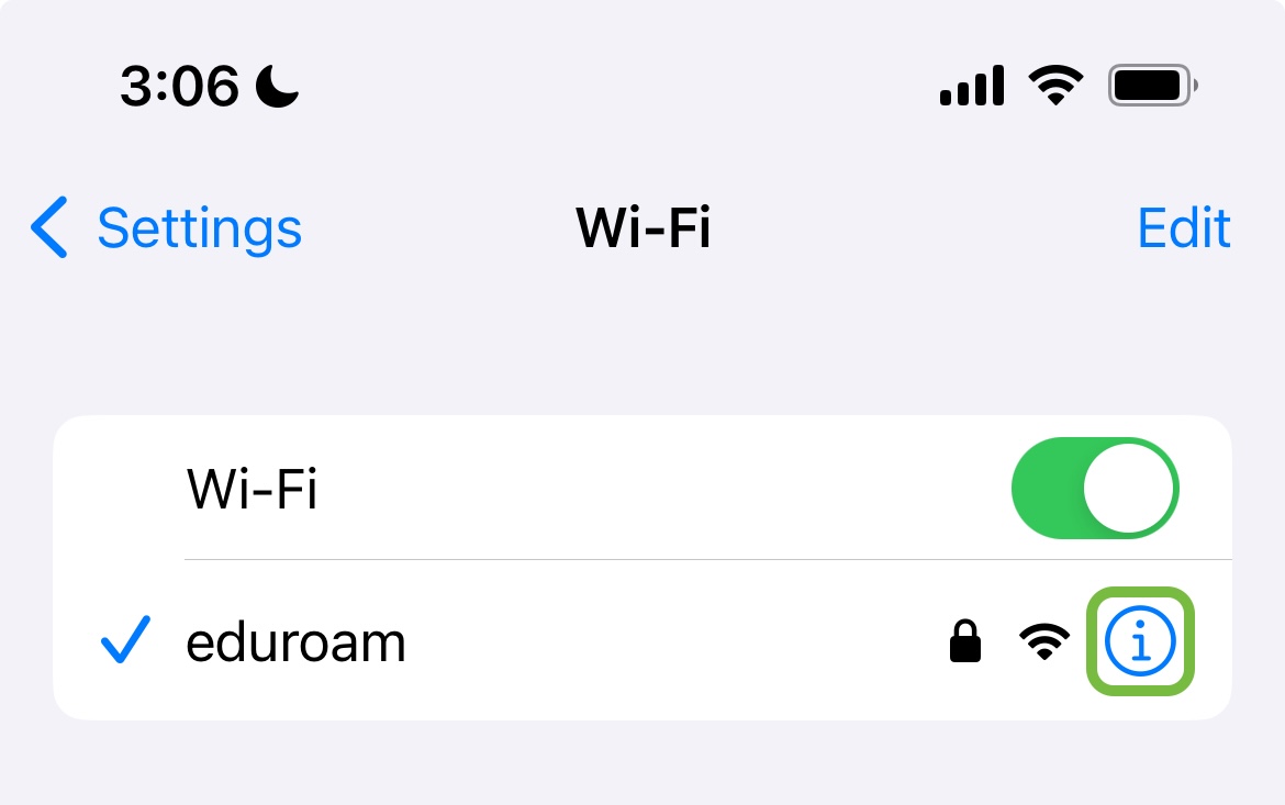 Screenshot of connected eduroam session on iOS with i button highlighted