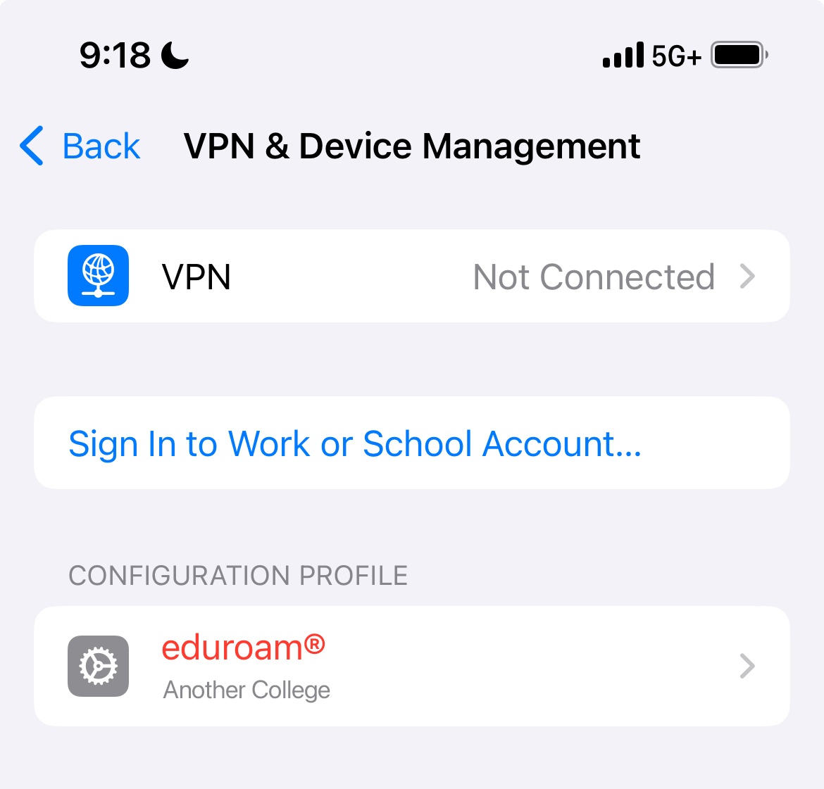 Screenshot of iOS VPN & Device Management screen showing an installed eduroam profile
