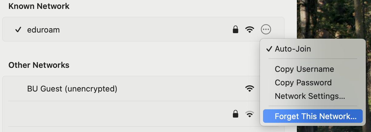 Screenshot of macOS Wi-Fi settings with eduroam context menu shown and Forget This Network choice highlighted
