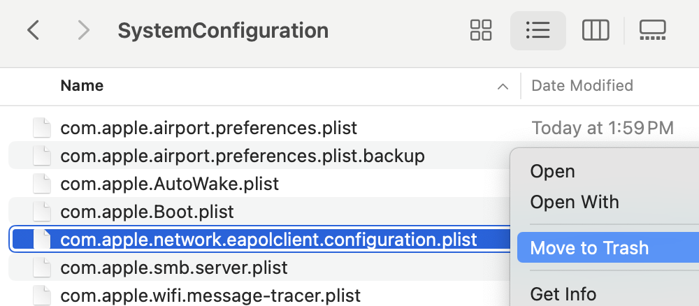 Screenshot of eapolclient configuration plist with Move to Trash option shown