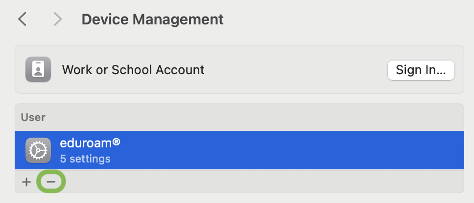 Screenshot of Device Management pane on macOS with minus button for removing the eduroam profile highlighted