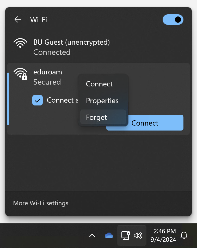 Screenshot of Windows 11 Wi-Fi pane, showing the Forget right click context menu for eduroam.