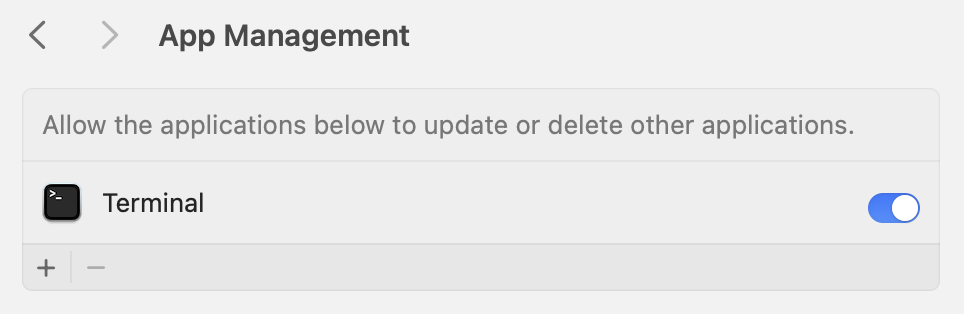 Screenshot of macOS App Management privacy pane showing Terminal listed with toggle in the on position