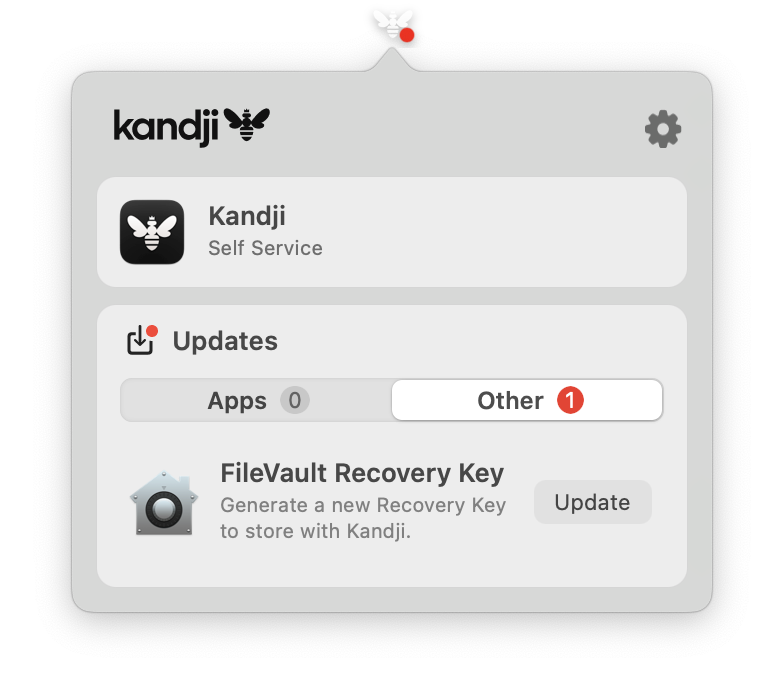 Screenshot of Kandji menu extension showing FileVault recovery key step.