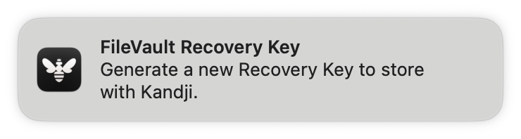 Screenshot of Kandji macOS notification prompting for new FileVault recovery key.