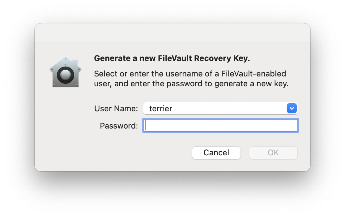Screenshot of Kandji prompt for password when generating new FileVault key