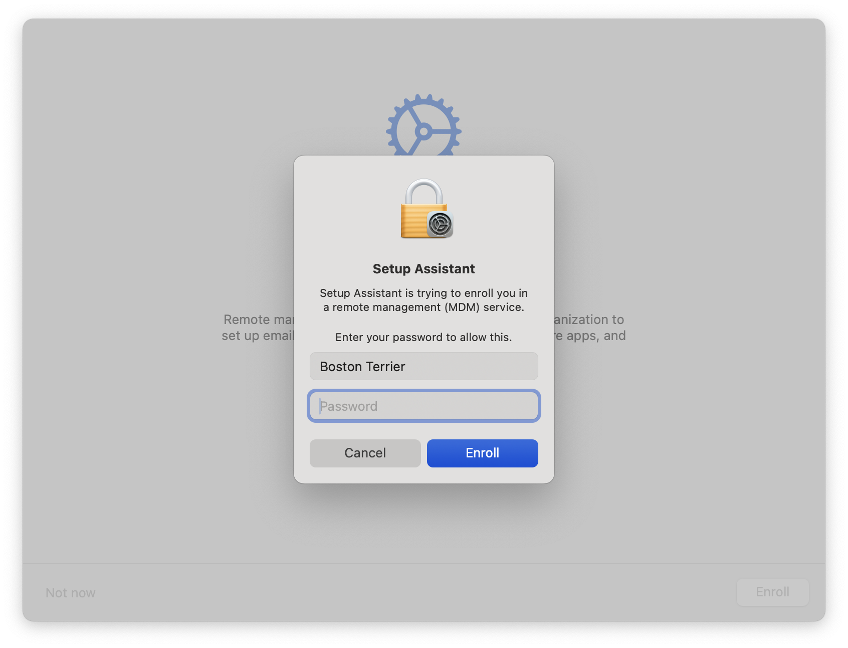Screenshot of macOS Remote Management screen with password modal visible